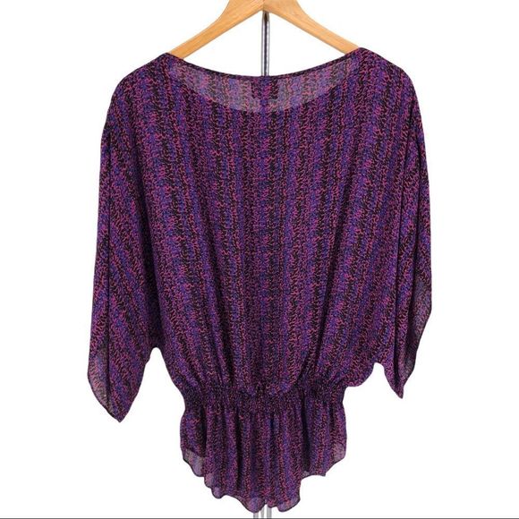 Parker Silk Printed Purple Pink Blouson Smocked Waist Blouse Top - Picture 6 of 12